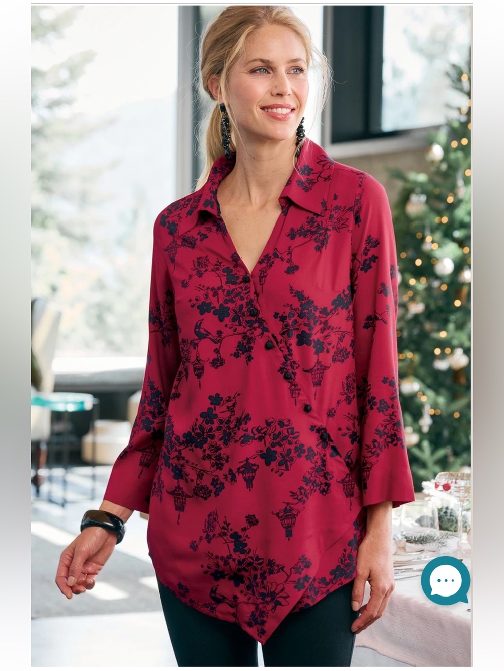 Soft Surroundings Sumi Challis Asymmetric Tunic - Red Floral, size medium